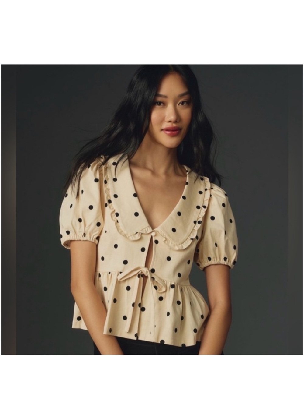 Anthropologie Porridge Gwen Polka Dot Cream Ruffle Tie-Front Peplum Blouse